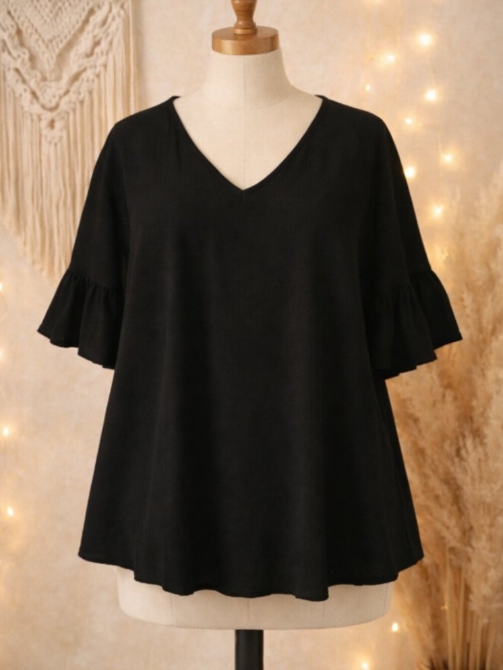 Cream n Sugar Black V-Neck Flowy Top XL Whimsigoth Romantic Boho Soft Grunge USA